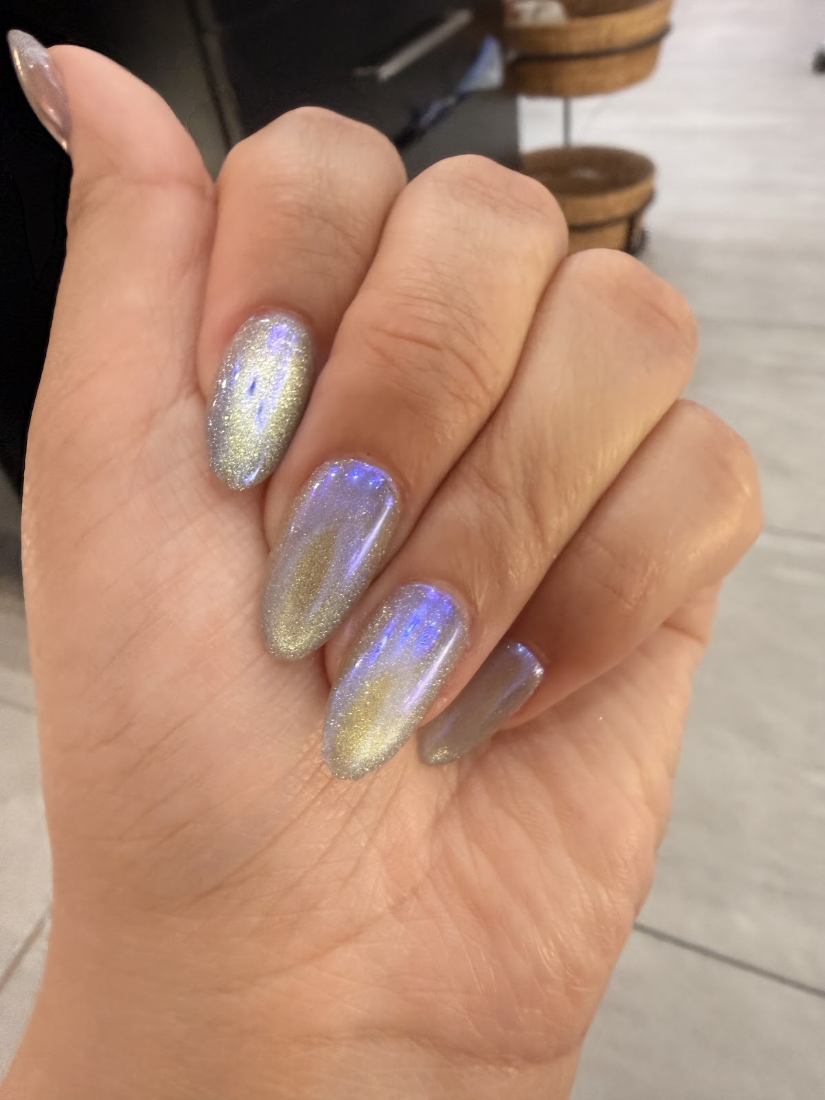 Holographic opal chrome almond nails